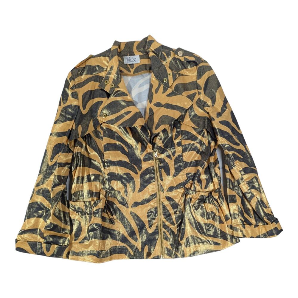 Vtg Y2K Just B Nites Gold Metallic Zebra Print Zip Up Cotton Moto Jacket Sz S